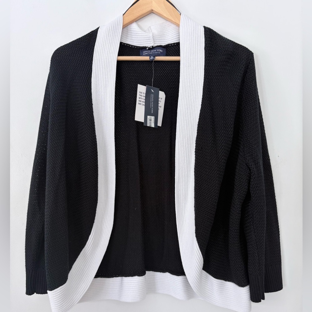 NWT 3X Black Open Style Sweater Cardigan White Accent Career Office Lightweight
